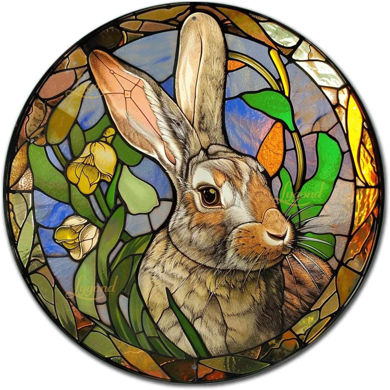 Contemporary Lygond Metal Sign Tin Sign Circular Stained Glass Rabbit Restroom Tin Sign for Garden 8×8 Inches Smooth