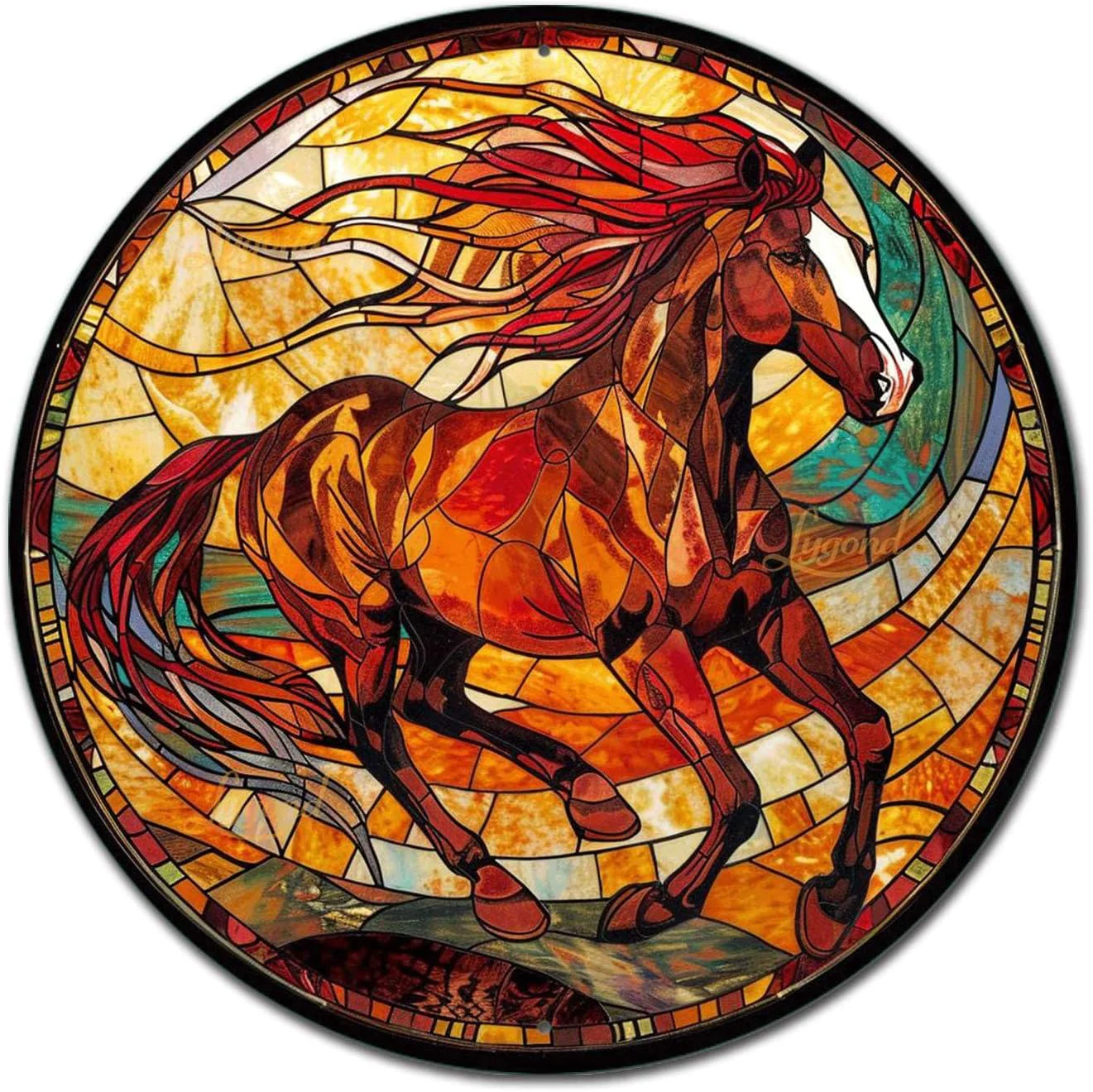 Organic Lygond Metal Sign Tin Sign Circular Stained Glass American Mustang Bar Signs for Home Decor for Garden 12×12 Inches Quality