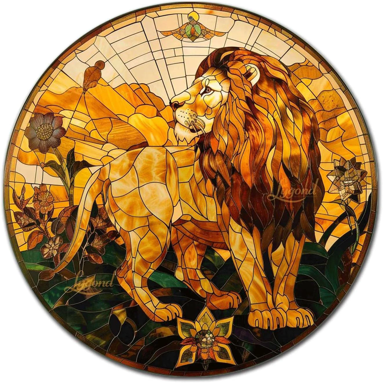 Reusable Lygond Metal Sign Tin Sign Circular Stained Glass Lion Funny Outdoor Decor for Club 8×8 Inches Secure