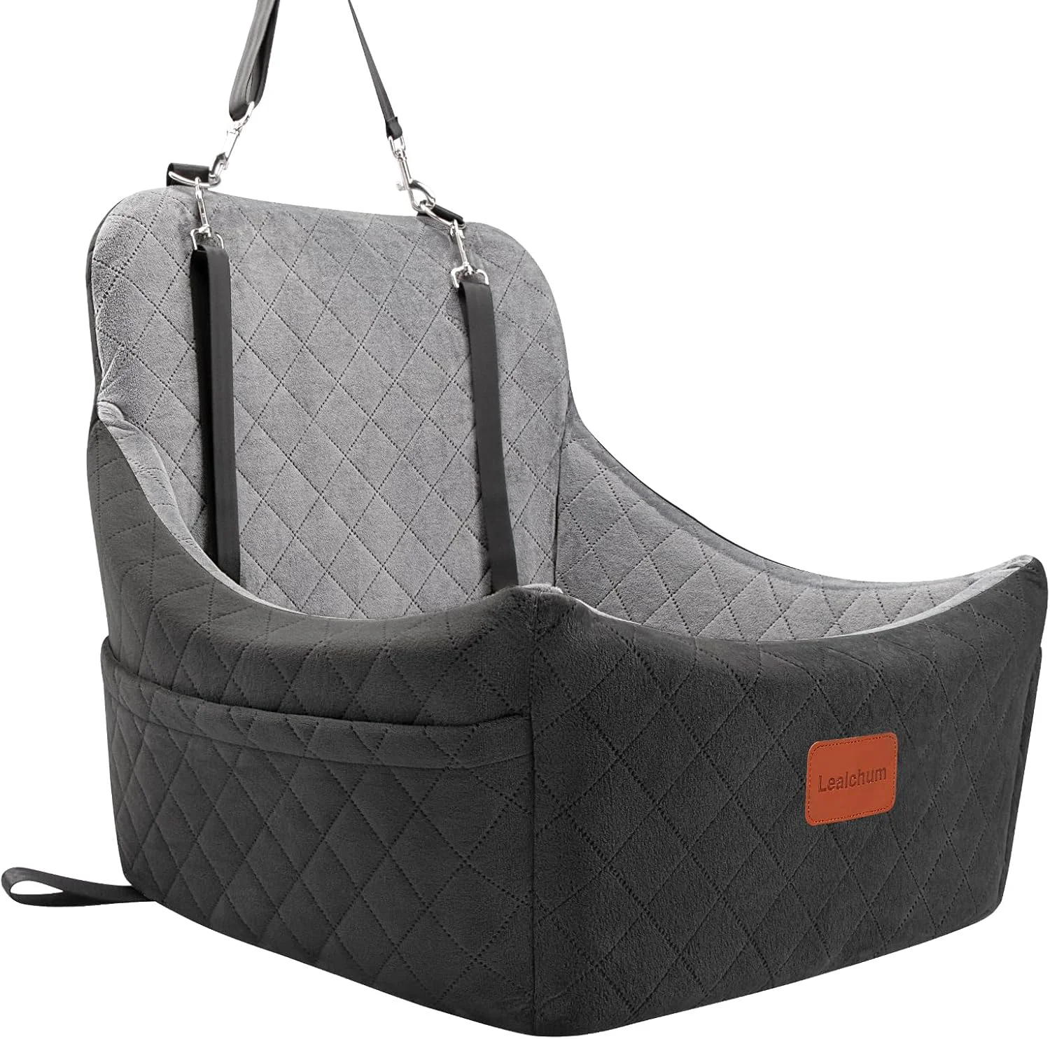Crafted Dog Car Seat for Dogs Up to 35lbs Fully Detachable and Washable Memory Foam Covered Soft Fabric Easy to Install with Adjustable Straps Anti-Slip Bottom Two Side Pockets Black Grey Medium Exclusive