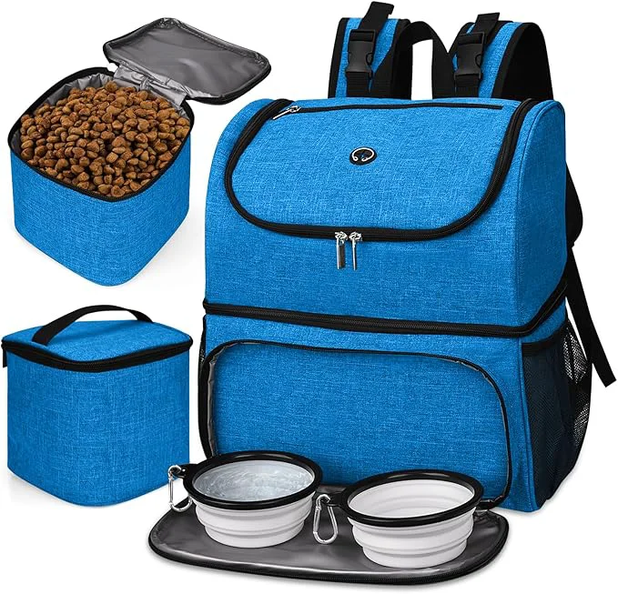 Contemporary BAGLHER Pet Travel Bag Double-Layer Pet Supplies Backpack for All Pet Travel Supplies Pet Travel Backpack with 2 Silicone Collapsible Bowls and 2 Food Baskets BlueAbout ThisOverview Lightweight
