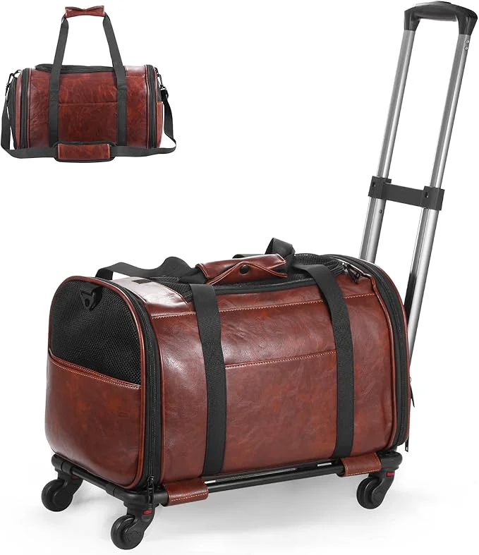 High-Grade Leather Pet Carrier with Wheels Airline Travel Bag for Small Dogs Cats Under 15 lbs Rolling Pet Carrier for Airplane Camping Outdoor CoffeeAbout ThisOverview Detailed