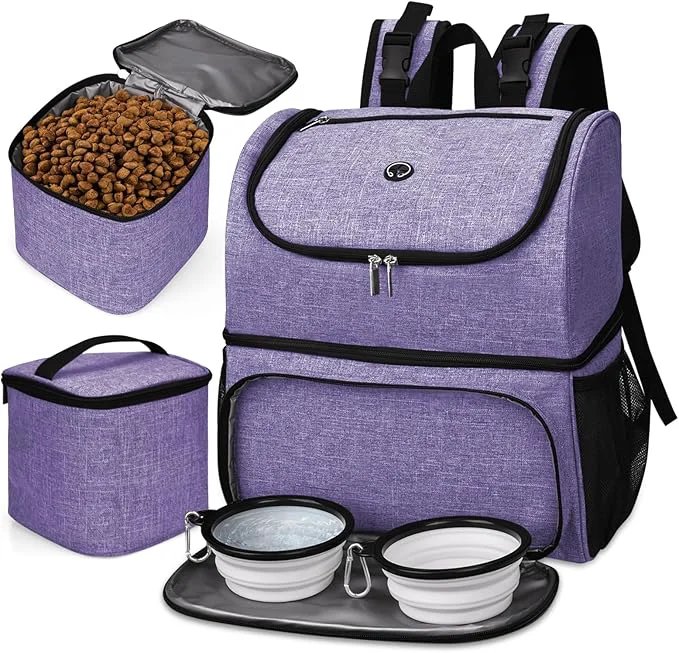 Powerful BAGLHER Pet Travel Bag Double-Layer Pet Supplies Backpack for All Pet Travel Supplies Pet Travel Backpack with 2 Silicone Collapsible Bowls and 2 Food Baskets PurpleAbout ThisOverview Unique