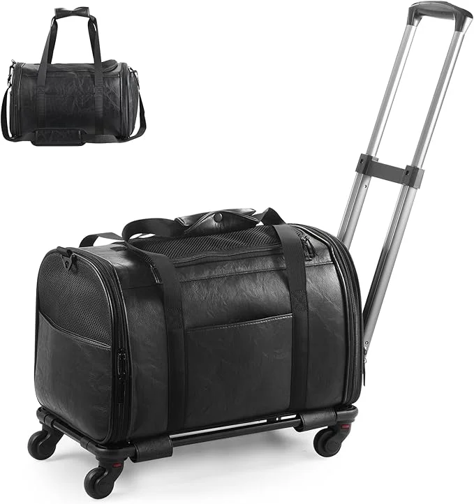 Proven Leather Pet Carrier with Wheels Airline Travel Bag for Small Dogs Cats Under 15 lbs Rolling Pet Carrier for Airplane Camping Outdoor BlackAbout ThisOverview Unique