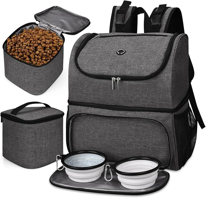 Reliable BAGLHER Pet Travel Bag Double-Layer Pet Supplies Backpack for All Pet Travel Supplies Pet Travel Backpack with 2 Silicone Collapsible Bowls and 2 Food Baskets GreyAbout ThisOverview Minimalist