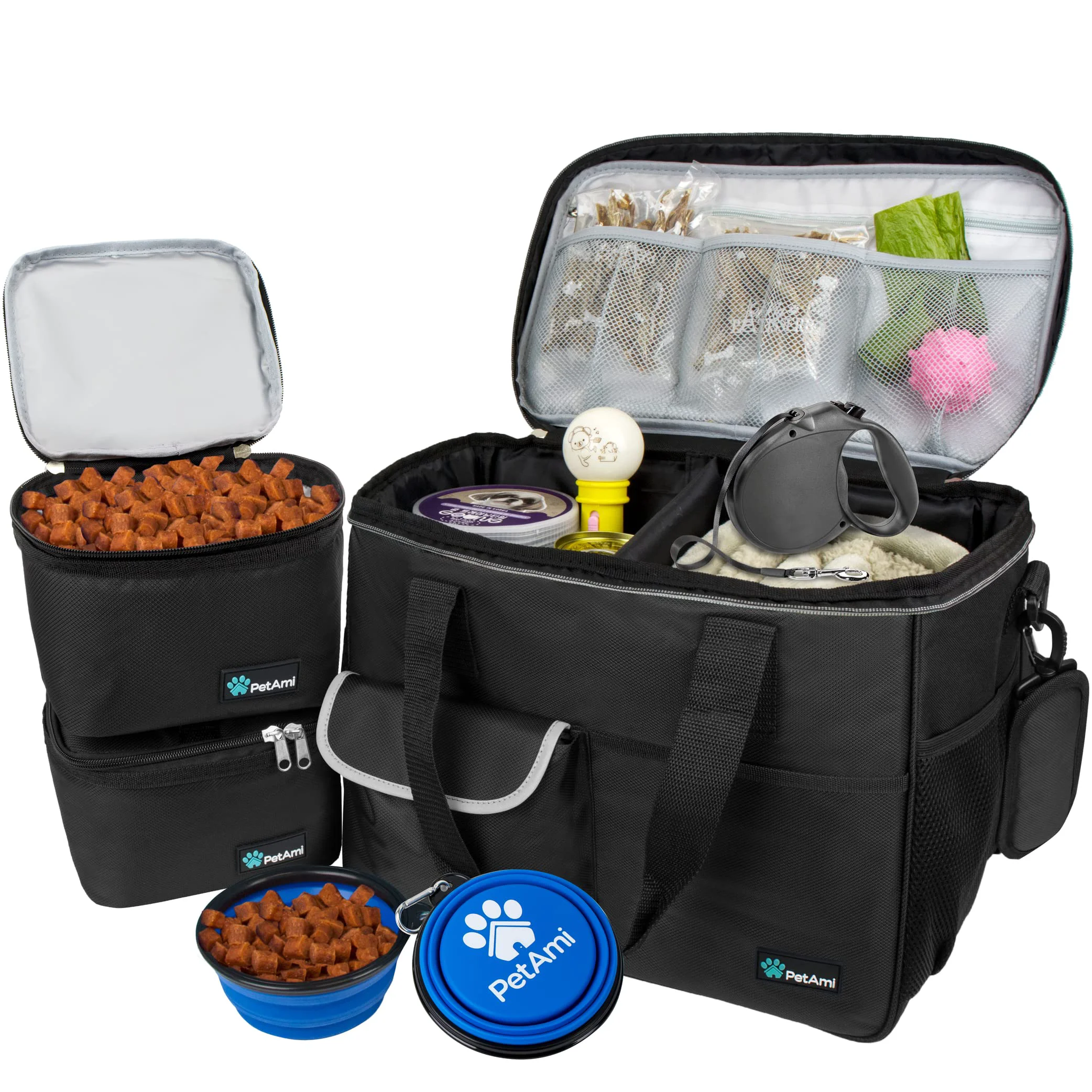 Solid PetAmi Travel Bag Organizer for Dogs Cats – Food Containers Bowls Expertly Made