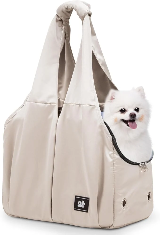 Breathable Dog Purse Carrier for Small Dogs Cats and Puppies – Soft-Sided Travel Pet Tote Bag with 4 Large Pockets Foldable Lightweight Fits Pets up to 15 lbs for Travel Outings Beige About ThisOverview Unique