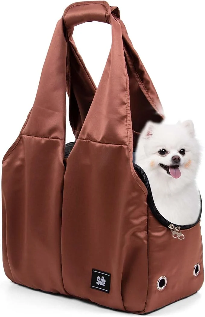 Easy-to-Use Dog Purse Carrier for Small Dogs Cats and Puppies – Soft-Sided Travel Pet Tote Bag with 4 Large Pockets Foldable Lightweight Fits Pets up to 15 lbs for Travel Outings Brown About ThisOverview Original Design