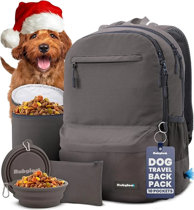 Recyclable Dog Travel Bag for Supplies - Complete Doggy Diaper Bag Backpack - I Gift for Dog Lovers Doggy Moms Dads for Christmas - Laptop Sleeve 2 BPA- Bowls Food Container Treat Pouch Dk GreyAbout ThisOverview Reusable