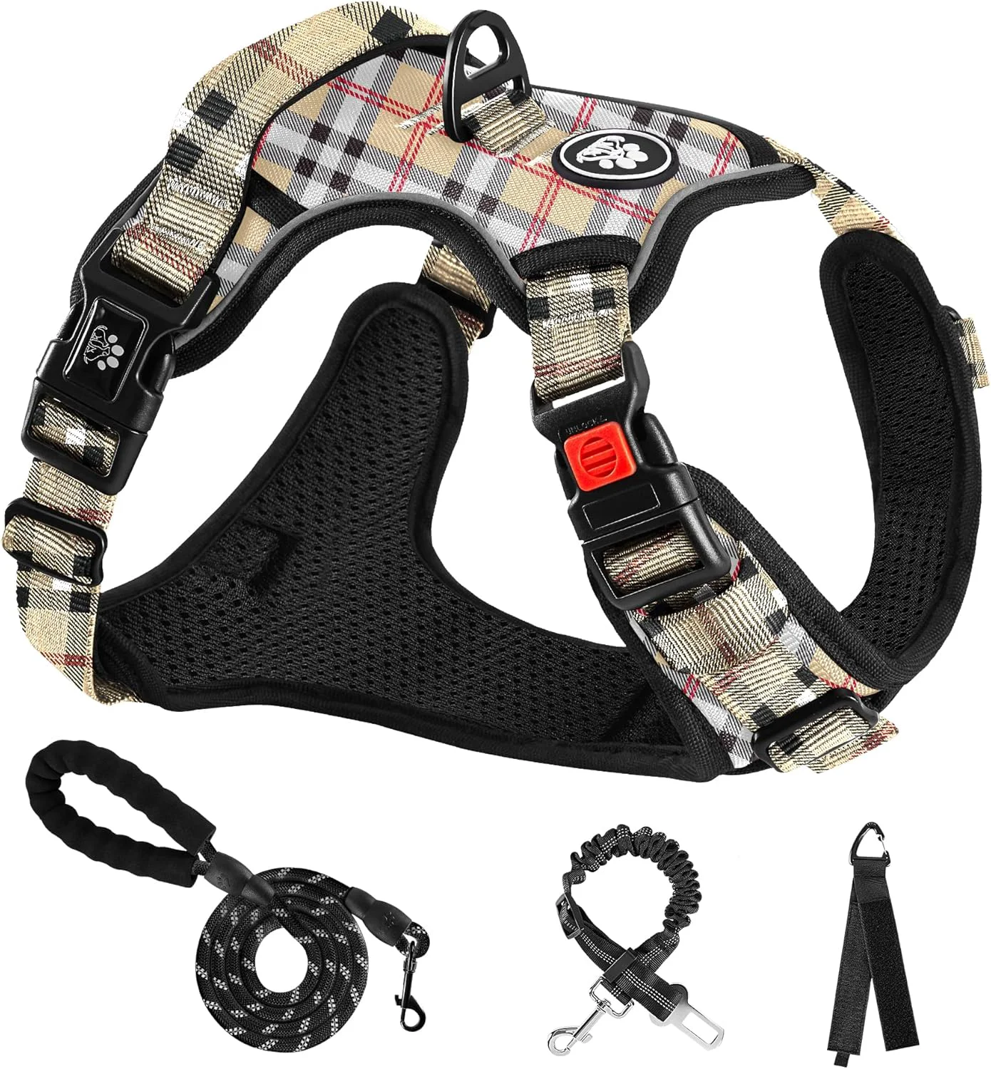 Advanced NESTROAD No Pull Dog Harness with Leash Reflective No Choke Pet Vest Harness Adjustable Soft Padded Dog Harness with Easy Control Handle for Small Dogs Checkered Beige Small Clean