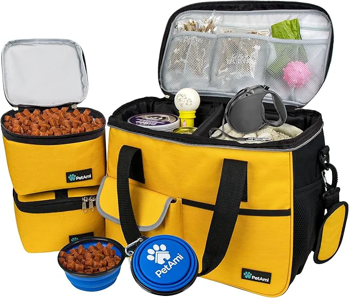 Top-Quality PetAmi Dog Travel Bag Travel Pet Bag Organizer Dog Food Travel Bag with Food Container and Bowls Dog Travel Supplies Gift Accessories for Weekend Camping Dog Cat Diaper Bag Yellow Medium About This High-End