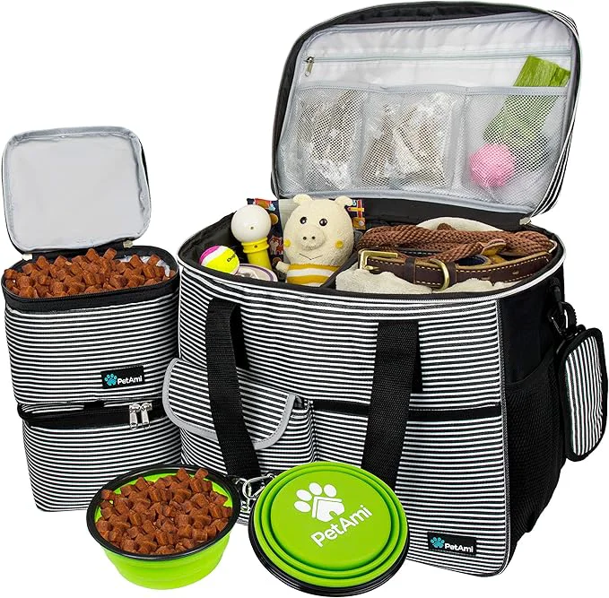 Relaxed PetAmi Dog Travel Bag - Organizer with Food Container Bowls Accessories for Weekend Camping Cat Diaper Bag Stripe Black Large About This Pure