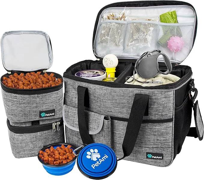 Certified PetAmi Dog Travel Bag - Organizer with Food Container Bowls Accessories for Weekend Camping Cat Diaper Bag Grey Medium About This Green