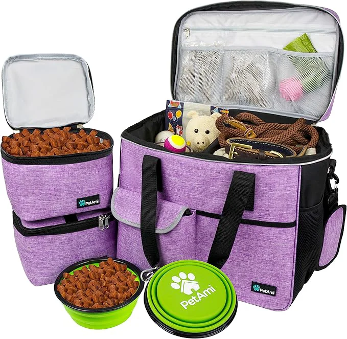 Versatile PetAmi Dog Travel Bag Travel Pet Bag Organizer Dog Food Travel Bag with Food Container and Bowls Dog Travel Supplies Gift Accessories for Weekend Camping Dog Cat Diaper Bag Purple Large About This Proven