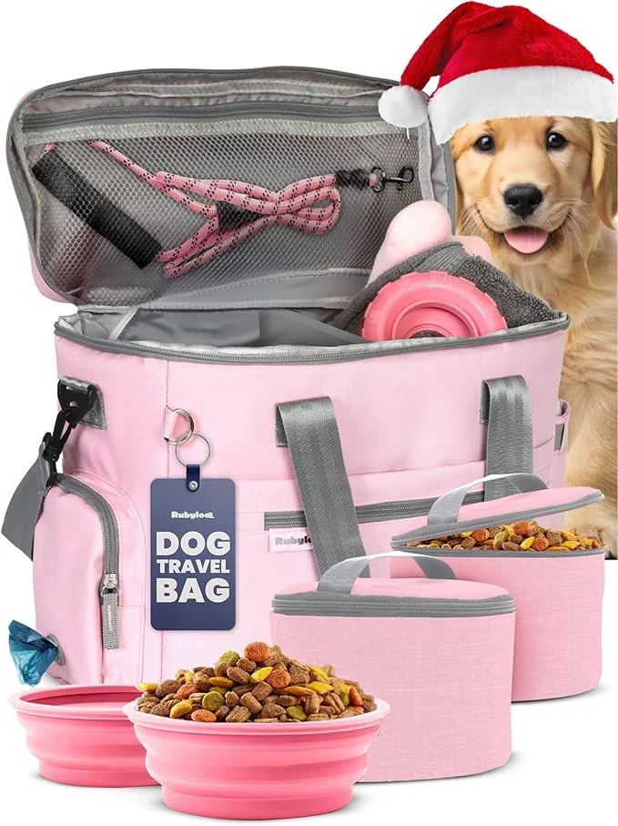 Practical The Doggy Bag™- Dog Travel Bag for Supplies - Gift for Dog Moms Dads Doggy Lovers Pet Owners for Christmas- Includes 2 BPA- Travel Bowls and 2 Food Containers Lt. PinkAbout ThisOverview Fashionable