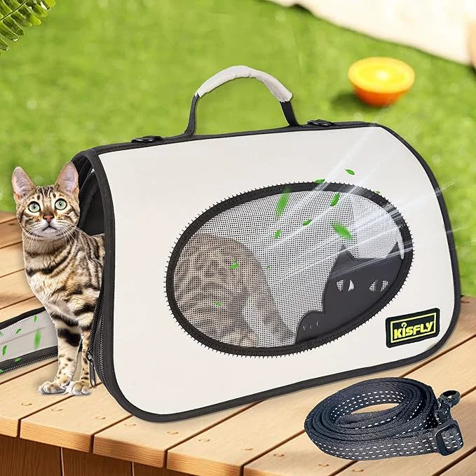 Top-Quality Cat Carrier Purses for Women Airline Pet Travel Bag for Cats Kittens Rabbits up to 10 lbs - Collapsible Soft-Sided 16x10x10 in Breathable Mesh with Kitty Pattern Collar and Leash CreamAbout ThisOverview Fast