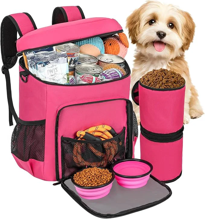 Trendy ANILD Dog Travel Backpack - Airline Double-layer Pet Travel Bag Accessories with 2 Food Storage Bag and 2 Foldable Silicone Bowls for Hiking CampingAbout This Reusable
