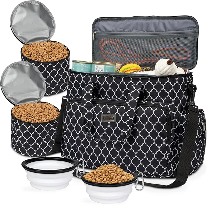 Casual BAGLHER Dog Travel Bag Pet Travel Bag ALL Pet Travel Supplies With 2 Pet Food Containers and 2 Collapsible Silicone Bowls Essential Kits for Pet Travel DLblackAbout This Certified
