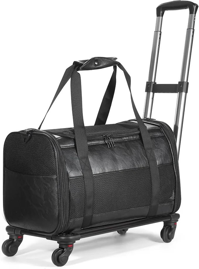 Sustainable Airline Pet Carrier with Wheels Rolling Soft Sided Dog Cat Travel Bag Premium Fashion Leather Small Pet Carrier Purse for Puppies and Cats BlackAbout ThisOverview High-Grade