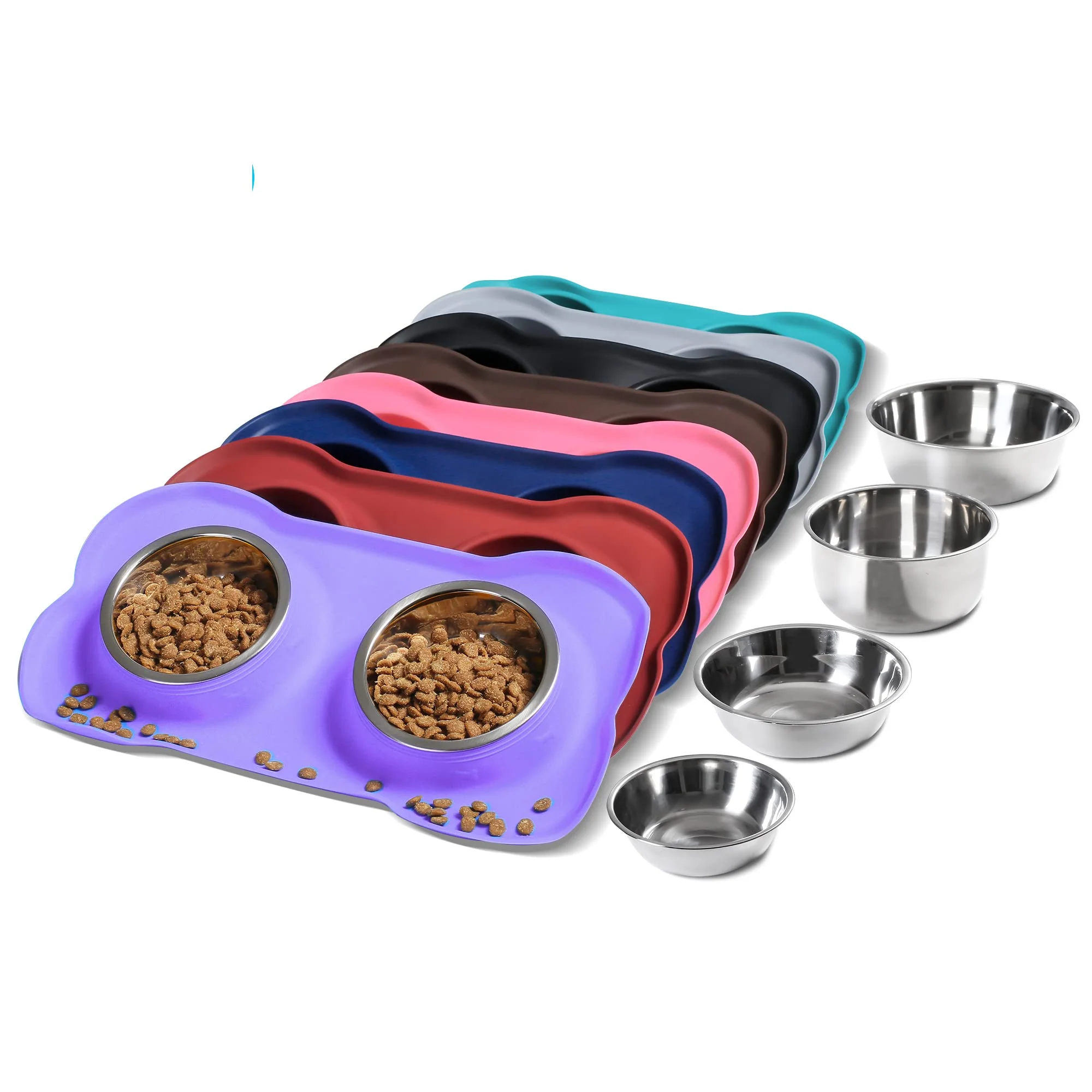 Trendy Hubulk Pet Bowls Set — 2 Stainless Steel Dishes with No-Spill Silicone Mat Large Purple Advanced