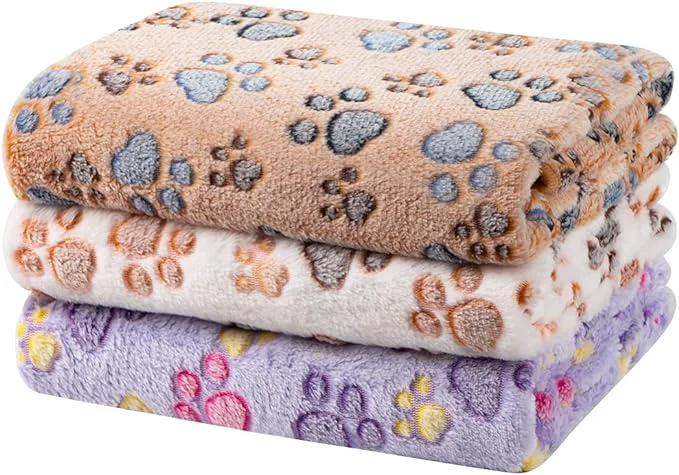 Certified Dono 1 Pack 3 Dog Blankets for Small Dogs Soft Fluffy Paw Print Pattern Fleece Safe