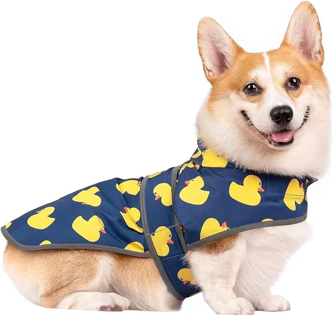 Stylish Dog Raincoat for Medium Dogs Waterproof Hooded Rain Jacket with Reflective Strips Leash Hole Poncho Adjustable Fit Duck M About ThisOverview Carefully Designed