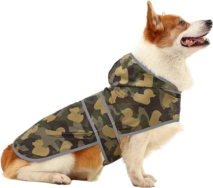 Easy-to-Use Dog Raincoat for Medium Dogs Waterproof Hooded Rain Jacket with Reflective Strips Leash Hole Poncho Adjustable Fit CamoDuck L About ThisOverview Sophisticated