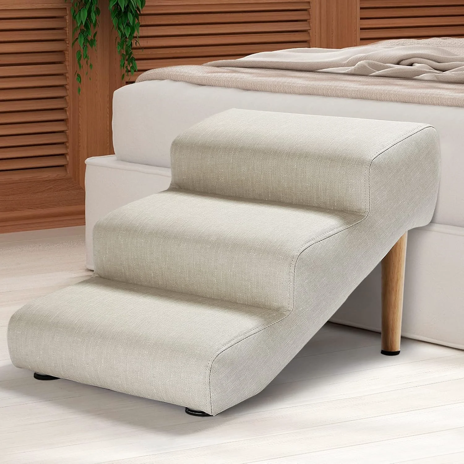 Clean Senneny Imitation Linen Faux Leather Dog Stairs for Pets up to 150 lbs Waterproof Scratch Resistant Pet Steps Stairs with High Density Foam and Detachable Wooden Legs Light Beige Linen 3 Step Optimized