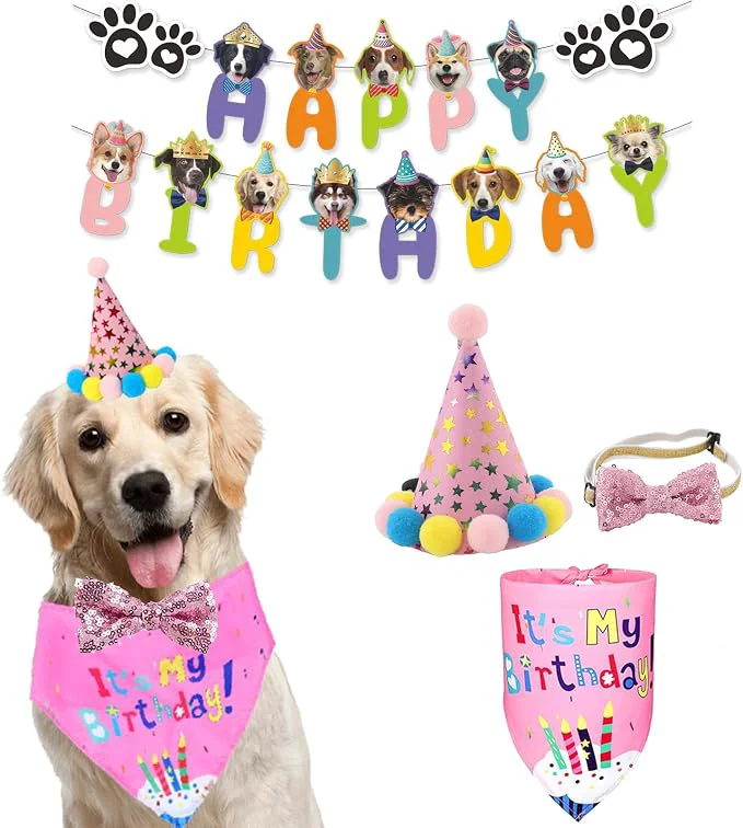 Authentic Dog Boy Birthday Party Outfits Birthday Hat Bow Tie Happy Birthday Banner Detailed