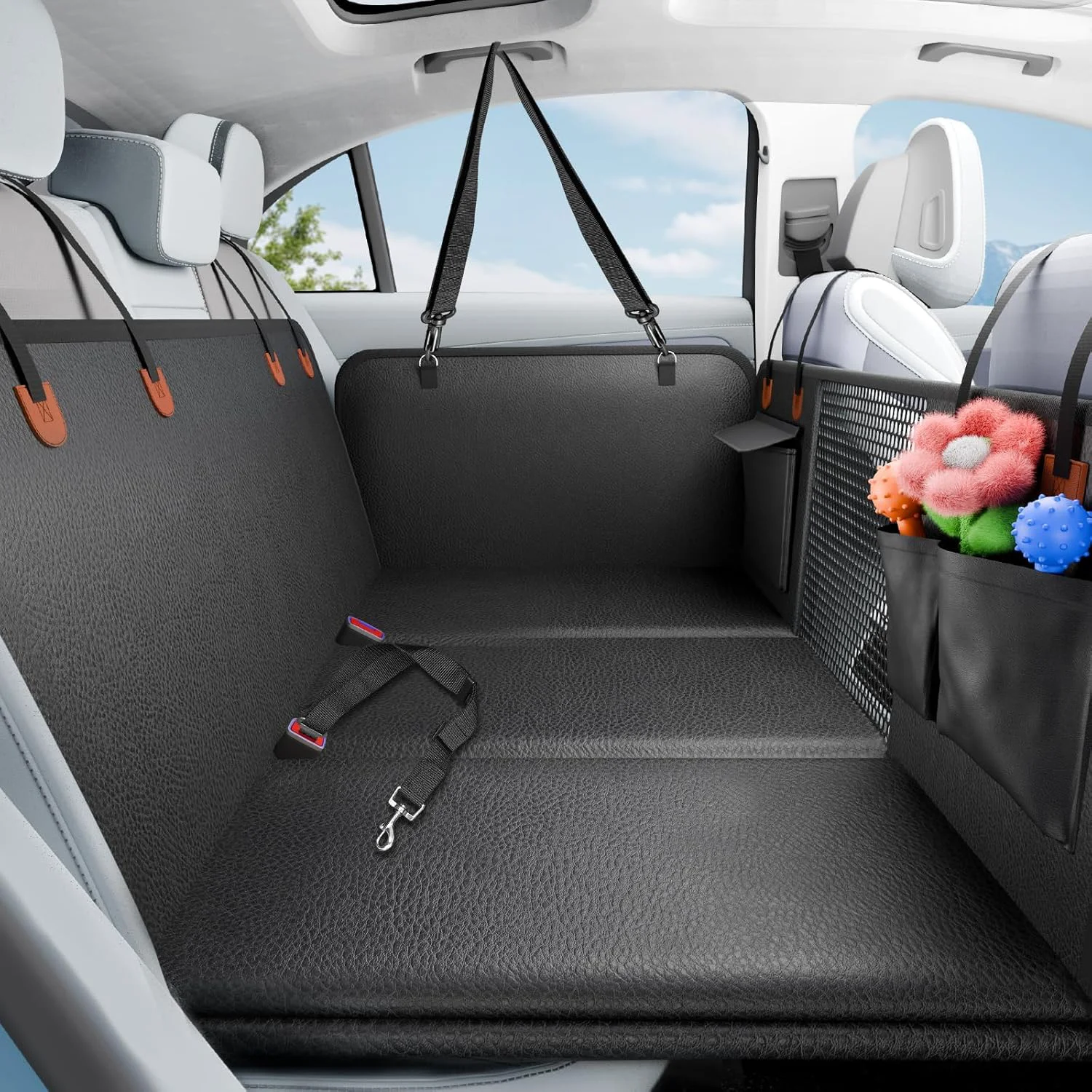 Sophisticated Back Seat Extender for Dogs Dog Car Seat Cover for Back Seat with Hard Bottom Waterproof Hammock for Car Pet Backseat Protector Upgraded PU Leather Material for Car SUV Holds 400lbs Casual