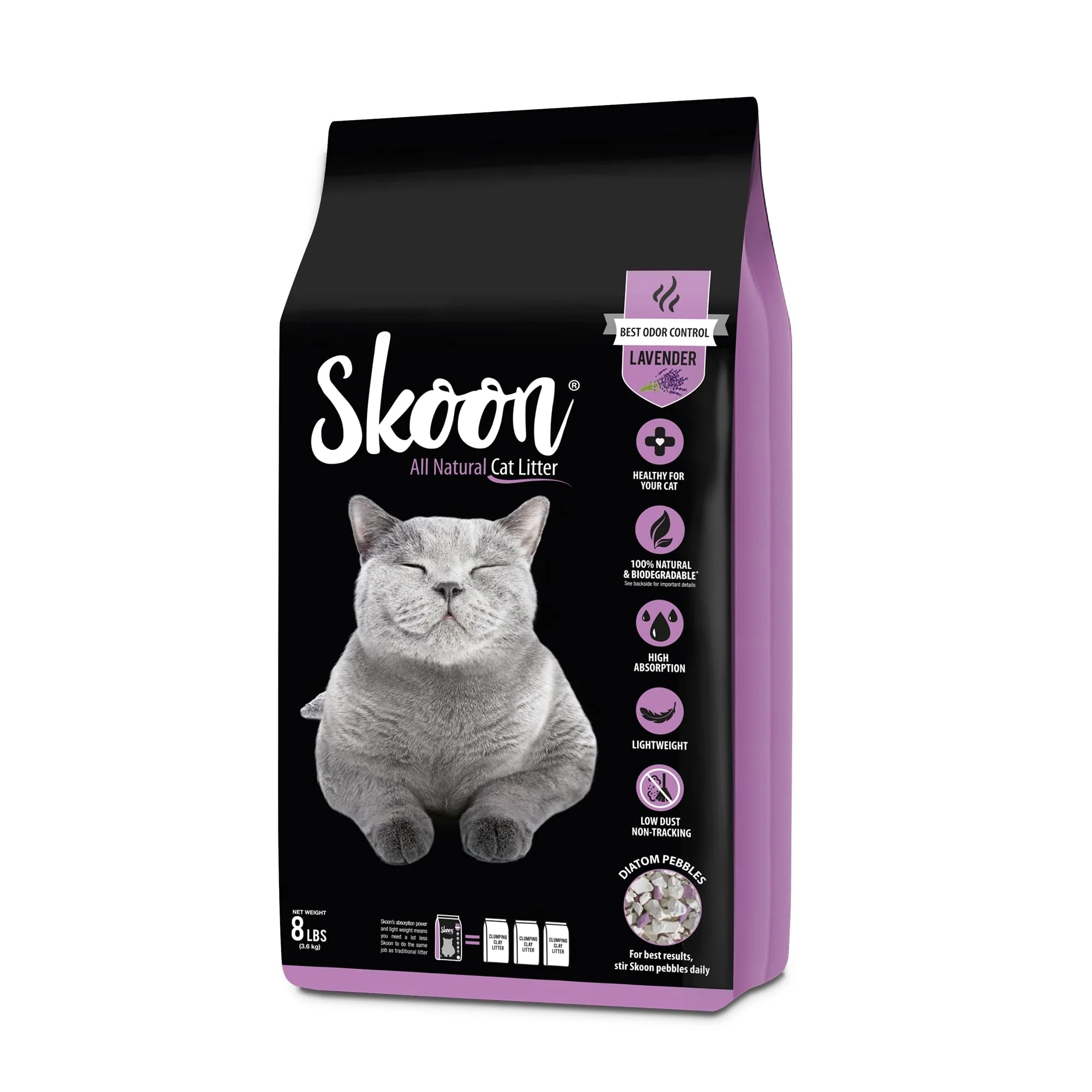 Breathable Skoon All Natural Cat Litter Lavender - Lightweight Low-Tracking Diatom Pebbles for Odor Control World-Class