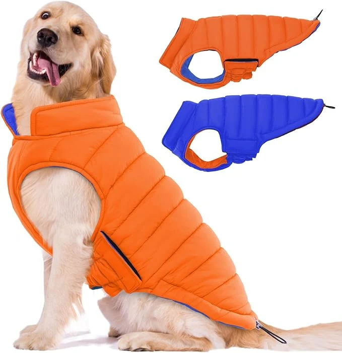 World-Class Lelepet Reversible Dog Coat Waterproof Dog Jacket Windproof Puffer Vest for Winter Warm Lightweight Coats for Large Dogs Adjustbale Hook Loop Pet Apparel with Leash Hole Pitbull Orange XLAbout ThisOverview Certified