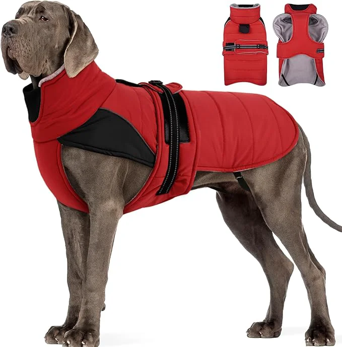 Authentic MIGOHI Thermal Large Dog Fleece Jacket - Rainproof Coat for Large Dogs Thick Dog Winter Coat Snow Jacket for Dogs Windproof for Hunting Camping Windy Chilly Days Doberman Great Dane 3XL RedBlackAbout ThisOverview Original
