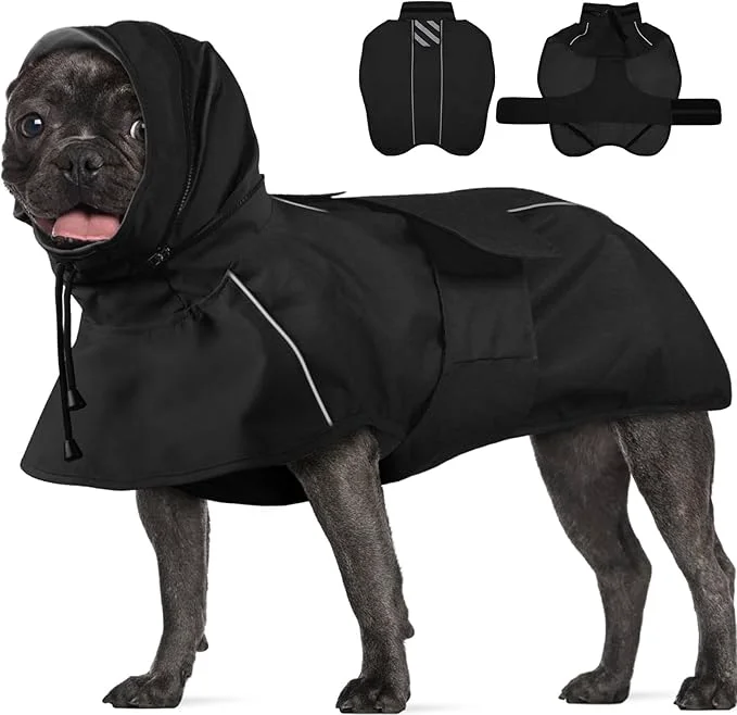 Stylish Dog Raincoat Waterproof Dog Rain Jacket with Convertible Hood Collar Adjustable Belly-Protect Rain Coat for Meidum Dogs Poncho Reflective Black M About ThisOverview High-End