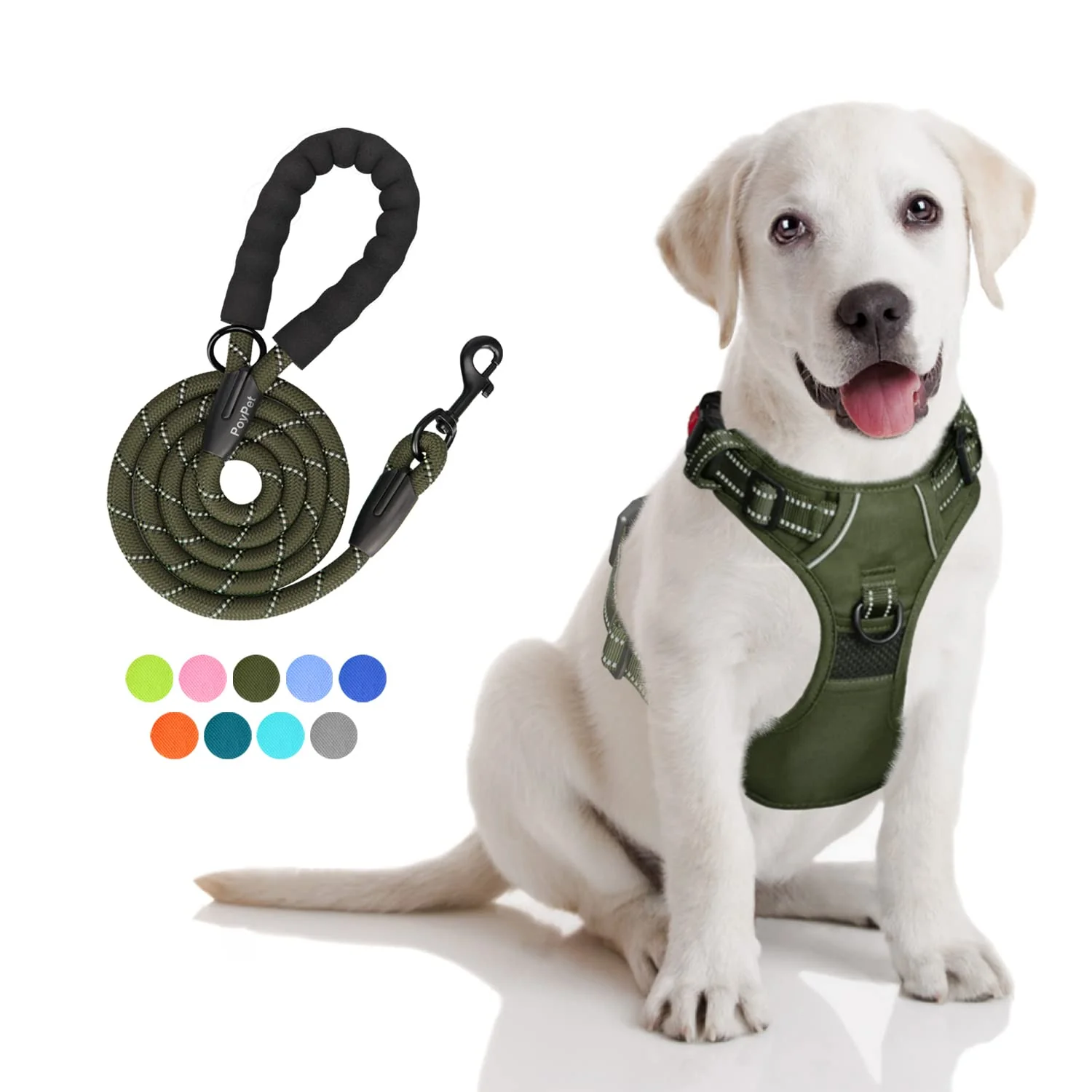 Responsible PoyPet No Pull Harness 5ft Leash Set - Reflective Front Back D-Rings Military Green Relaxed