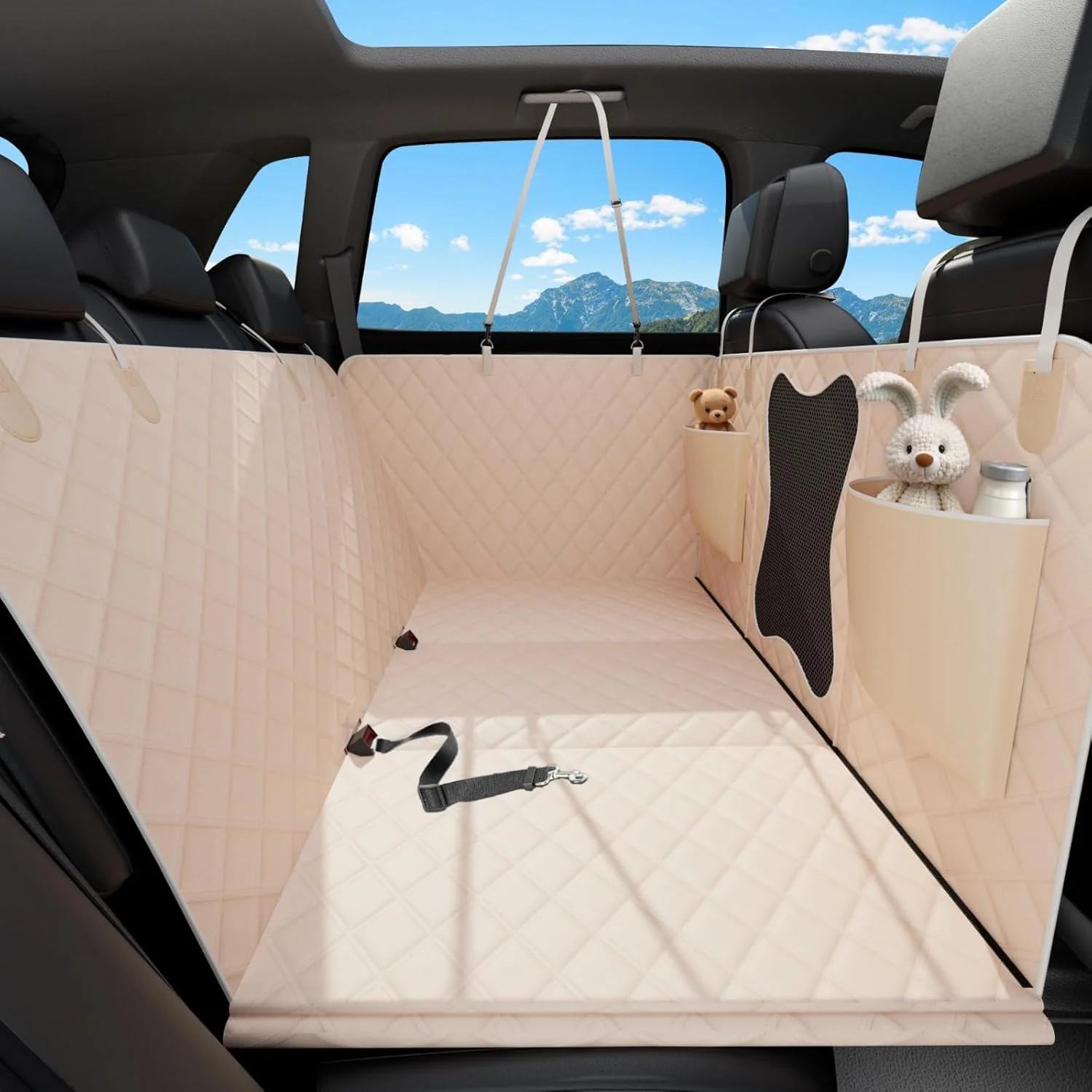 Casual Waterproof Dog Car Seat Cover for Back Seat – Heavy Duty Back Seat Extender for Dogs with Hard Bottom 7-Layer Protection Non-Slip Scratchproof Easy to Install Beige Premium Material