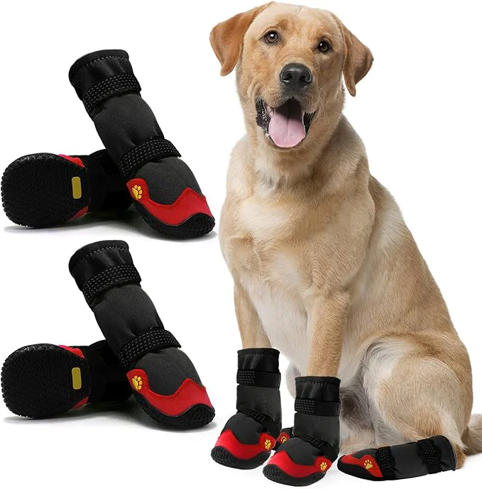 Smooth Dog Shoes for Hot Pavement Anti-Slip Dog Boots Paw Protectors for Summer Rainy Day Dog Snow Boots Waterproof Dog Shoes for Small Medium Large Dogs with Reflective Straps for Hiking 4PcsAbout ThisOverview Durable