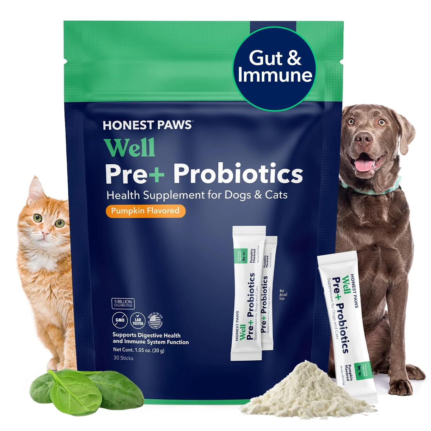 Authentic Honest Paws Probiotics for Dogs – Pumpkin Flavor Digestive Powder 30 Sticks Made in USA High-Grade
