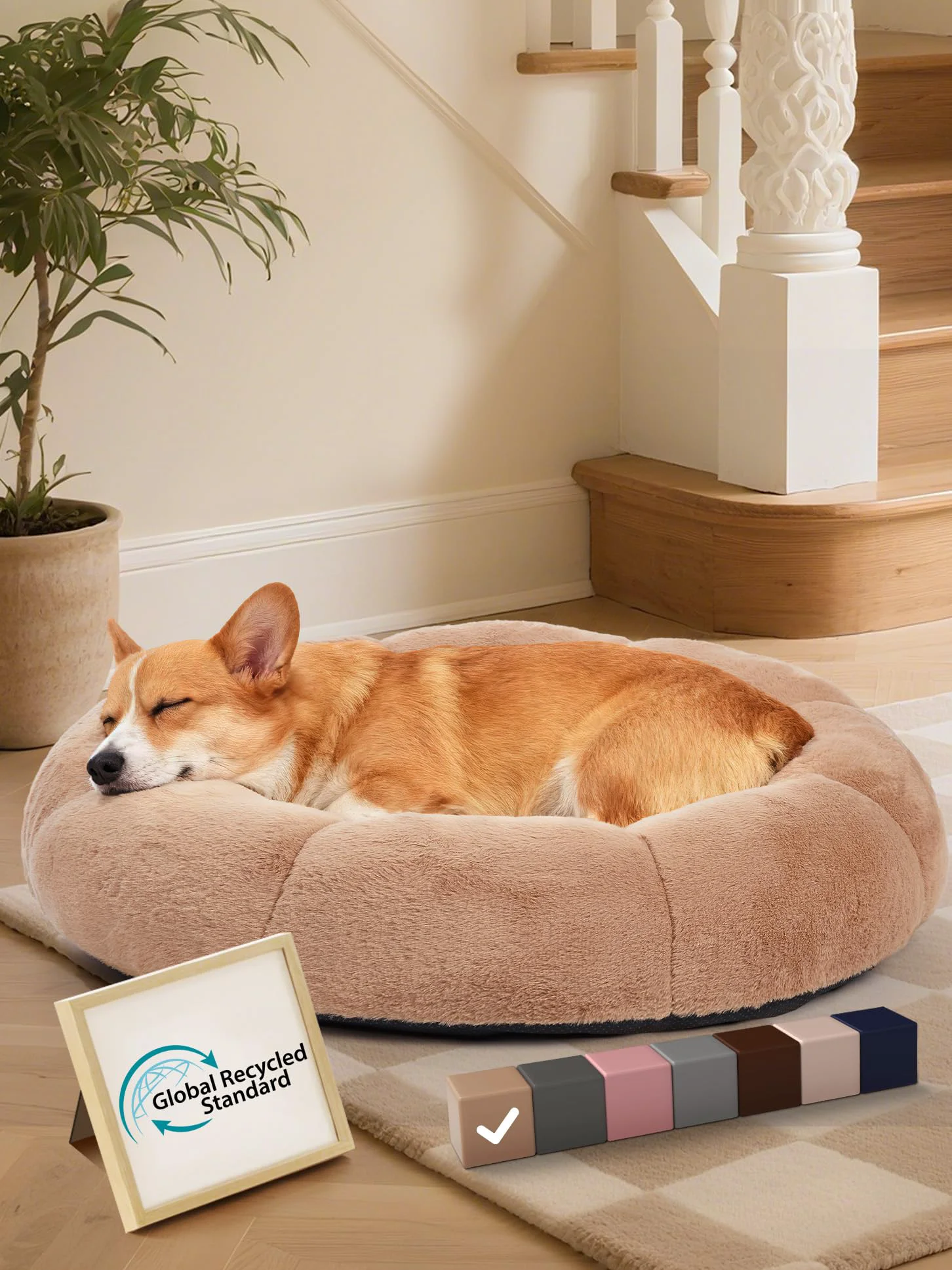 Superior OhGeni 31-Inch Calming Donut Orthopedic Bed for Medium Pets – Camel Lightweight