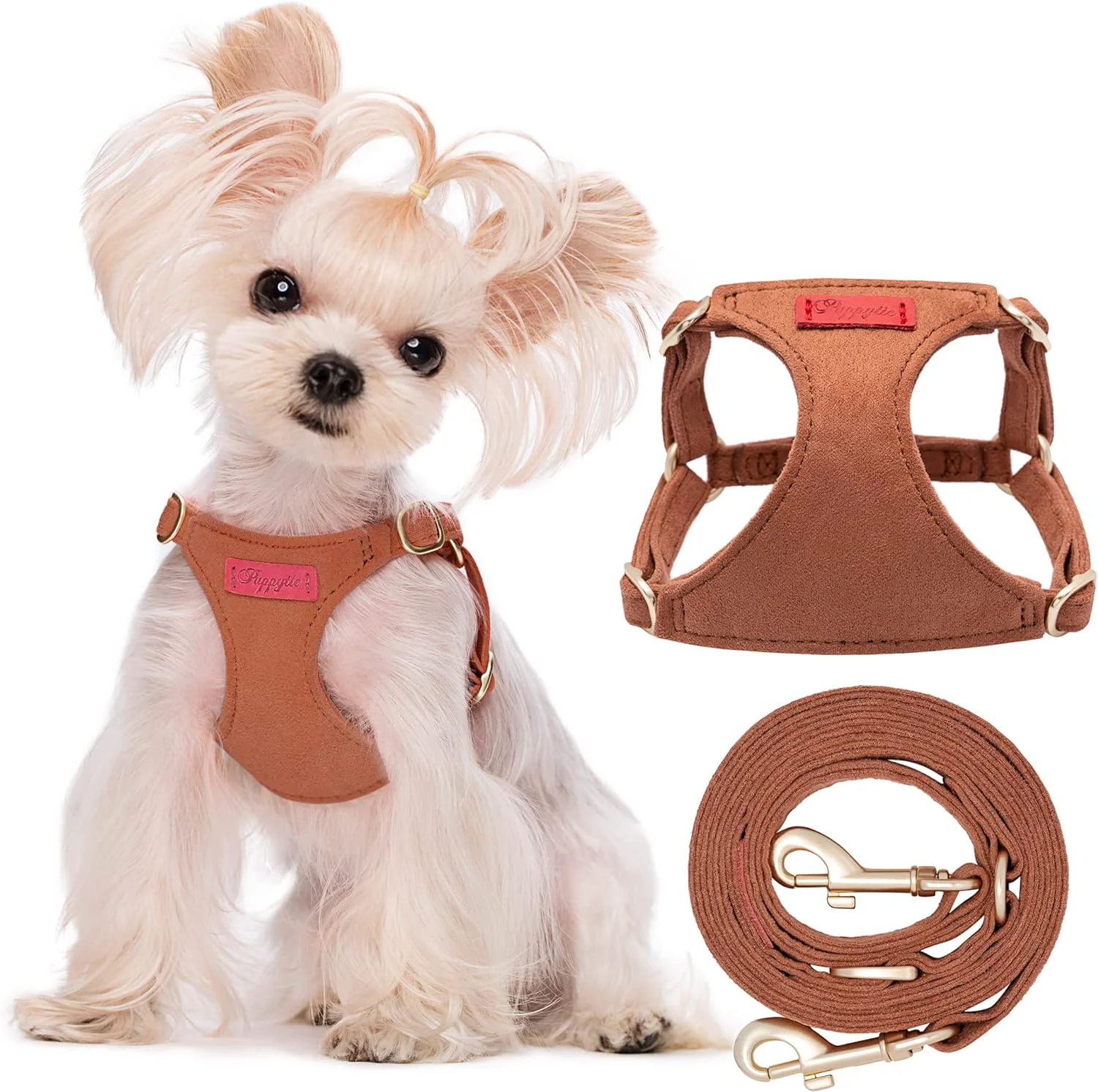 Advanced Puppytie No Pull XXS Puppy Harness with Multifunction Dog Leash Soft Adjustable No Choke Escape Proof Pet Harness Vest Brown Caramel XXS Secure