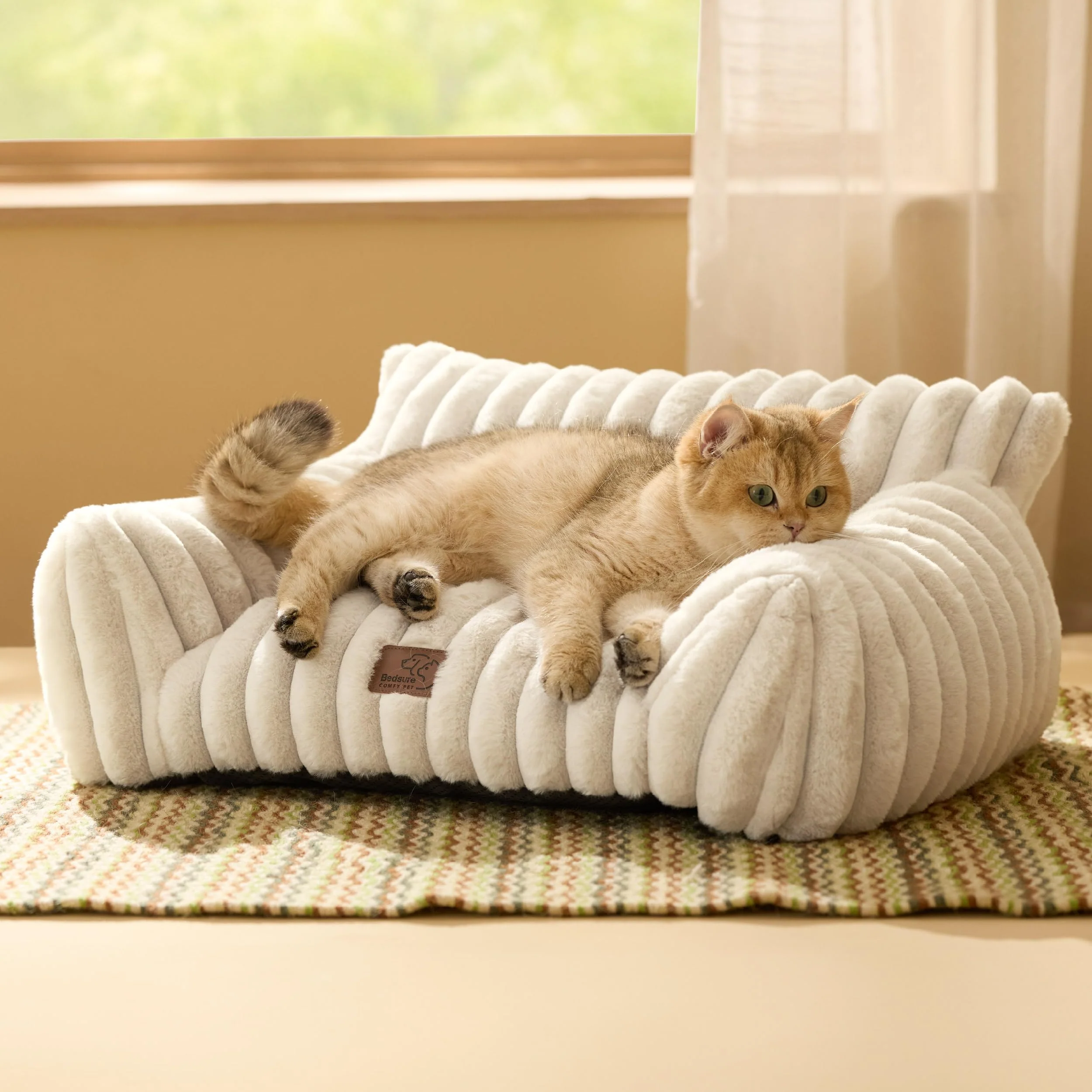 Casual Bedsure Cute Cat Couch for Pets - 24in Cream Plush Corduroy Fleece Removable Cover Original Design