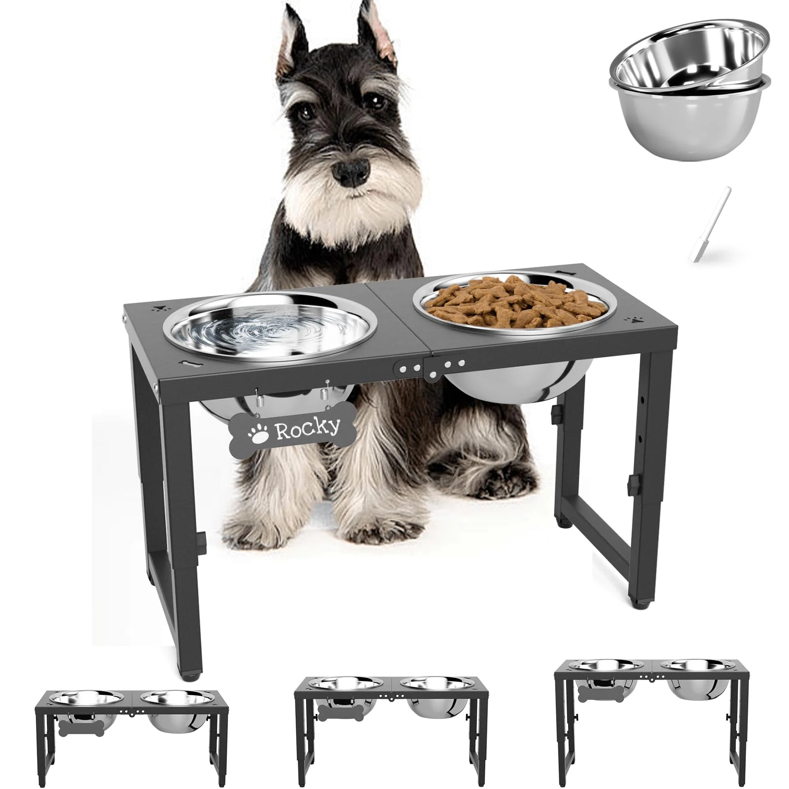 Verified ADENGL Adjustable Height d Dog Bowls Stand — 2 x 58oz Stainless Steel Bowls Black Contemporary