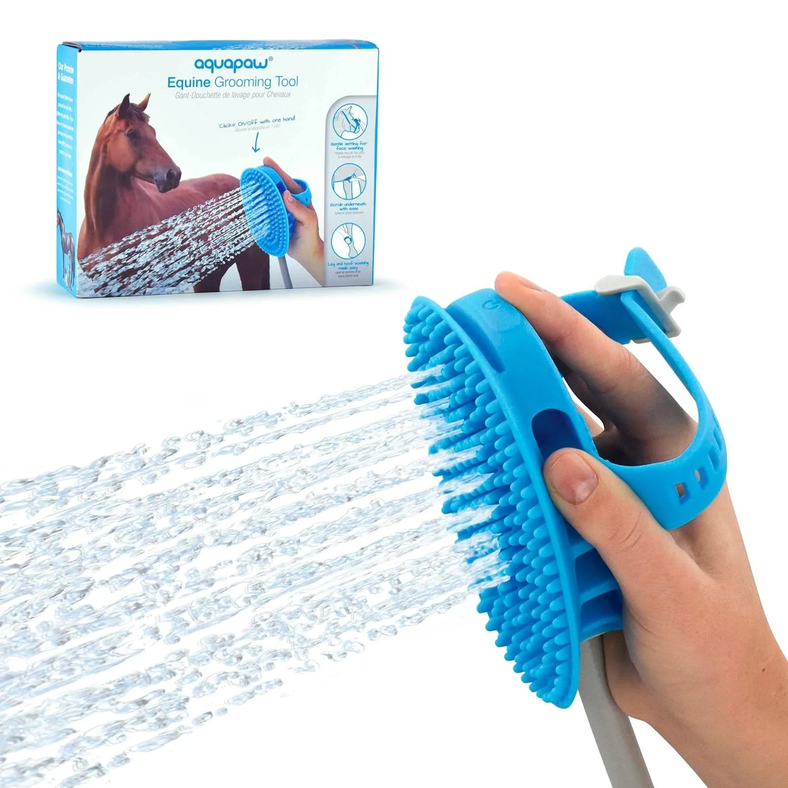 Certified Aquapaw 5-in-1 Horse Dog Bath Brush XL Blue Silicone Hose Adjustable Spray High-Grade