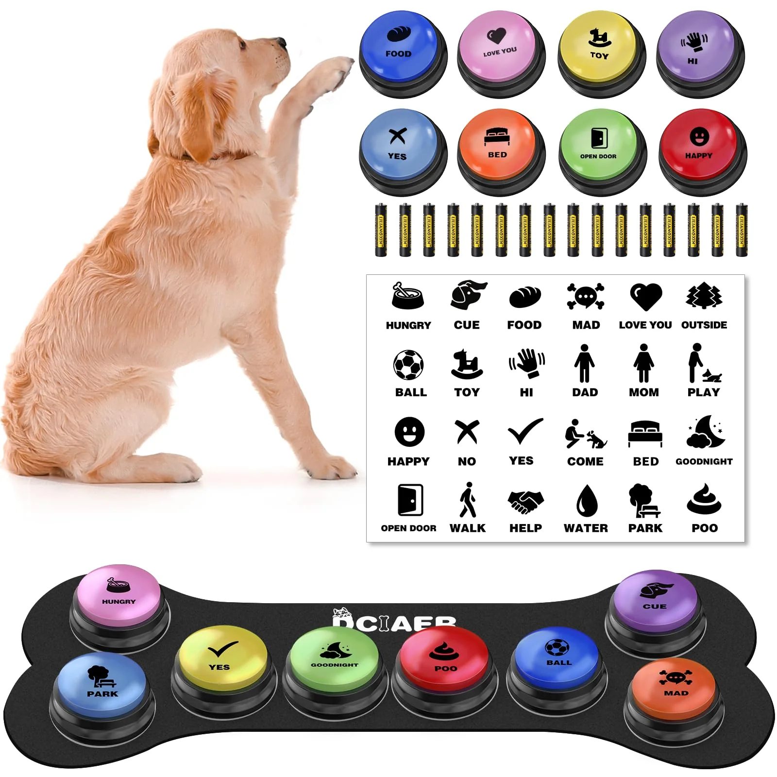 Relaxed DCIAER Dog Buttons for Communication — 8 Recordable Talking Buttons 24 Scene Patterns Button Mat Quality