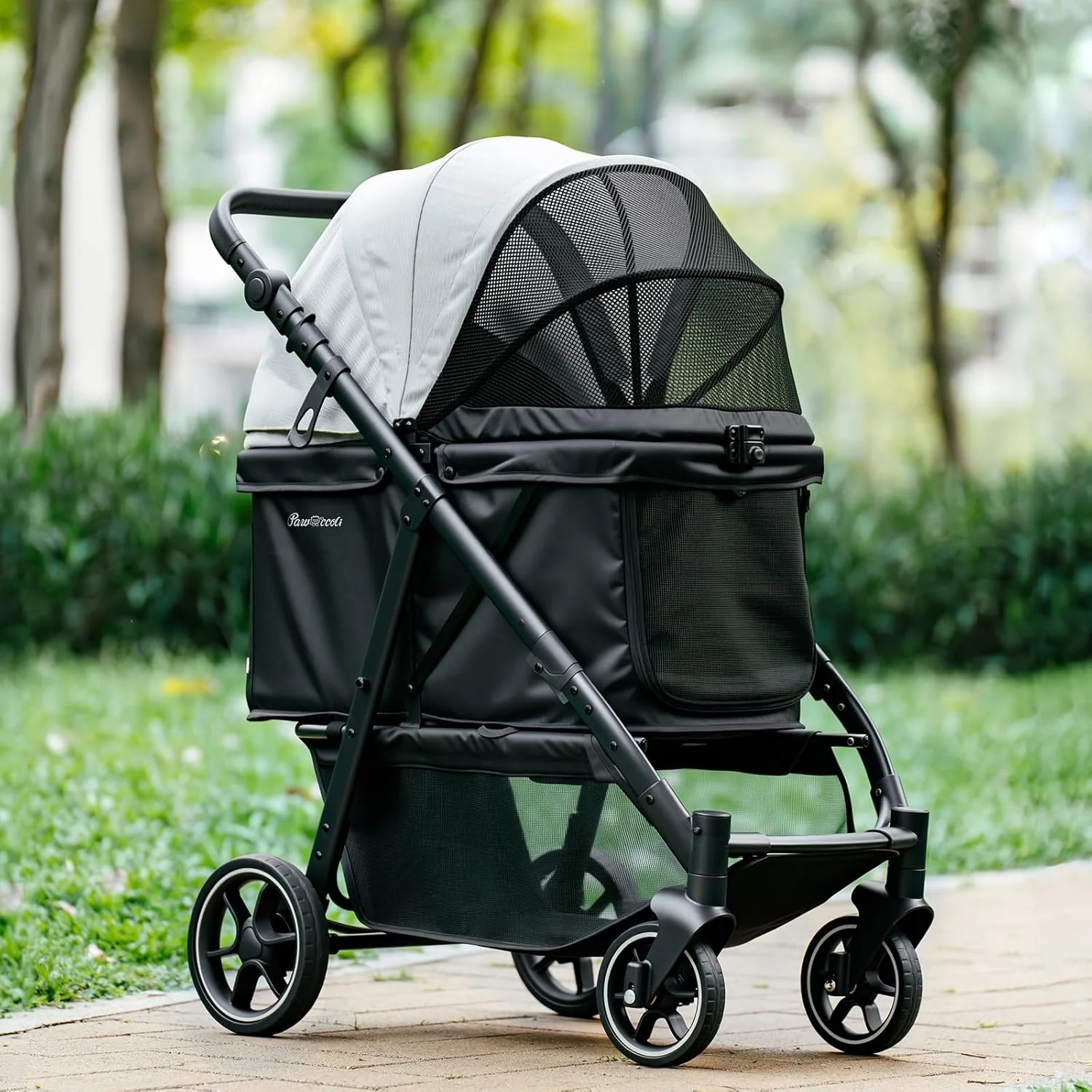 Consistent Medium Dog Stroller Foldable Pet Stroller with Adjustable Handle No Zip Entry Storage Basket Cup Holder Canopy Mesh Windows I for Medium Dogs and Cats Up to 50lbs Black Traditional