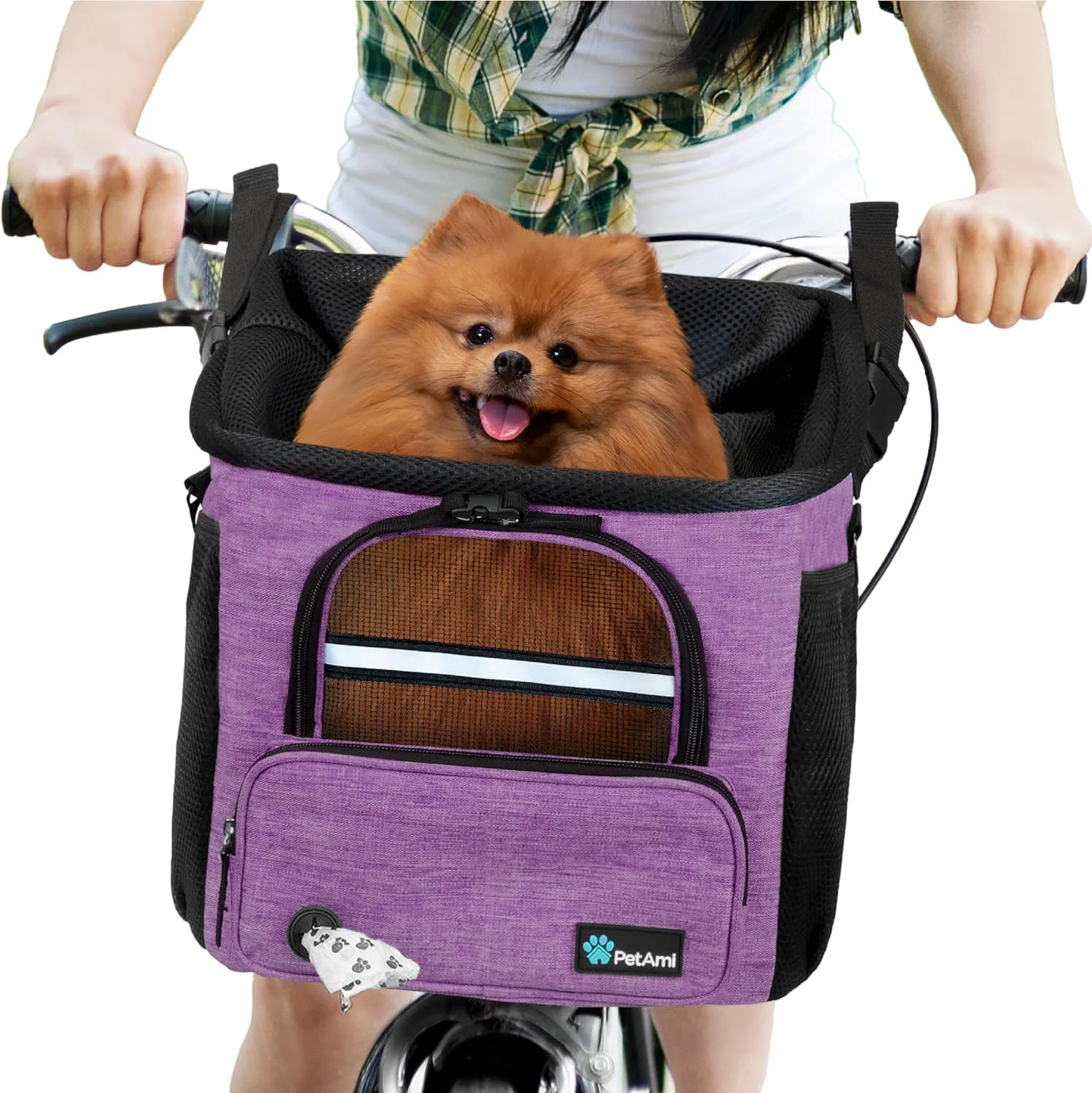 High-Performance PetAmi Dog Bike Basket Soft-Sided Ventilated Dog Bike Carrier Backpack Pet Bicycle Basket for Bike Handlebar Small Medium Puppy Cat Kitten Car Booster Seat with Safety Strap Max 18 lbs Purple Trusted