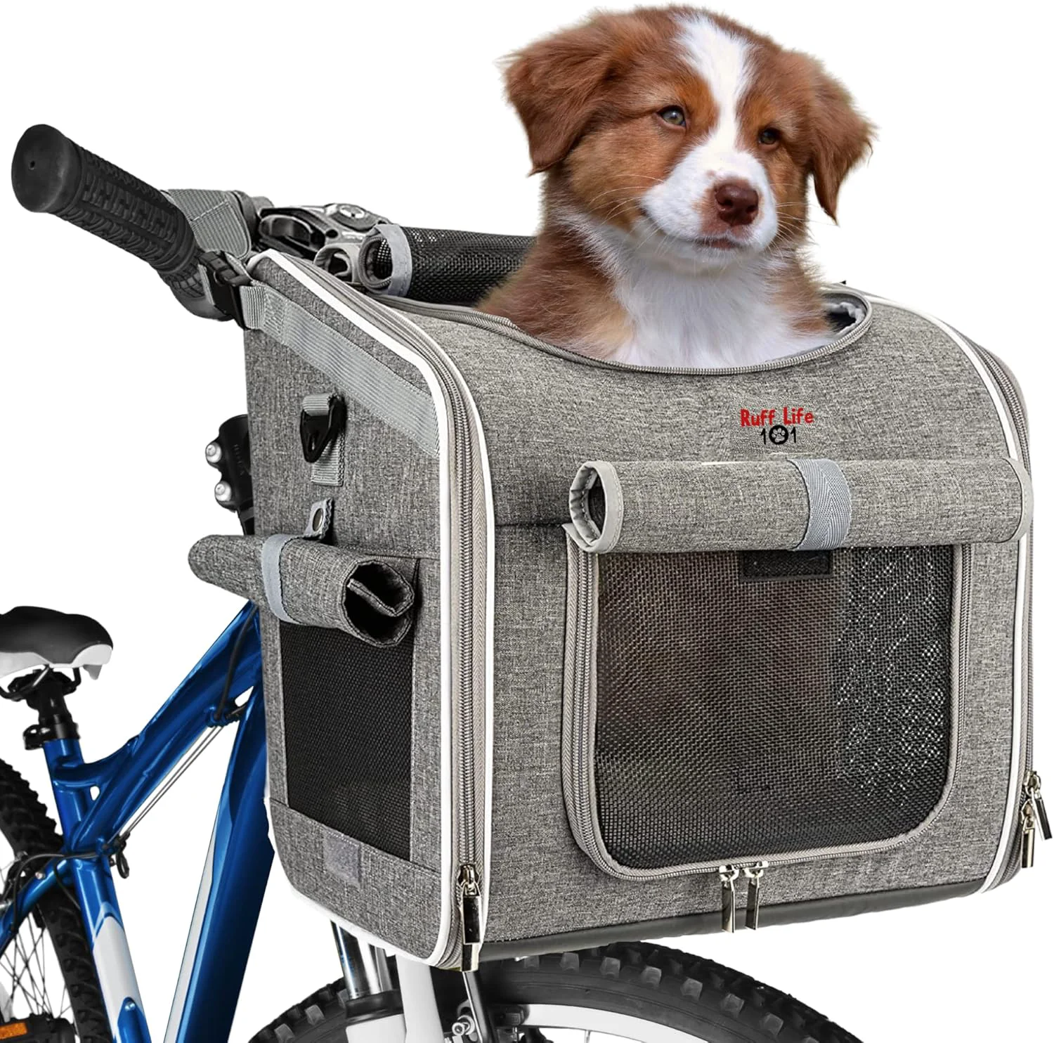 Superior Dog Bike Basket Expandable Soft-Sided Reflective Pet Carrier Backpack with 4 Open Doors 4 Mesh Windows for Medium Small Dog Cat Puppies Grey Natural
