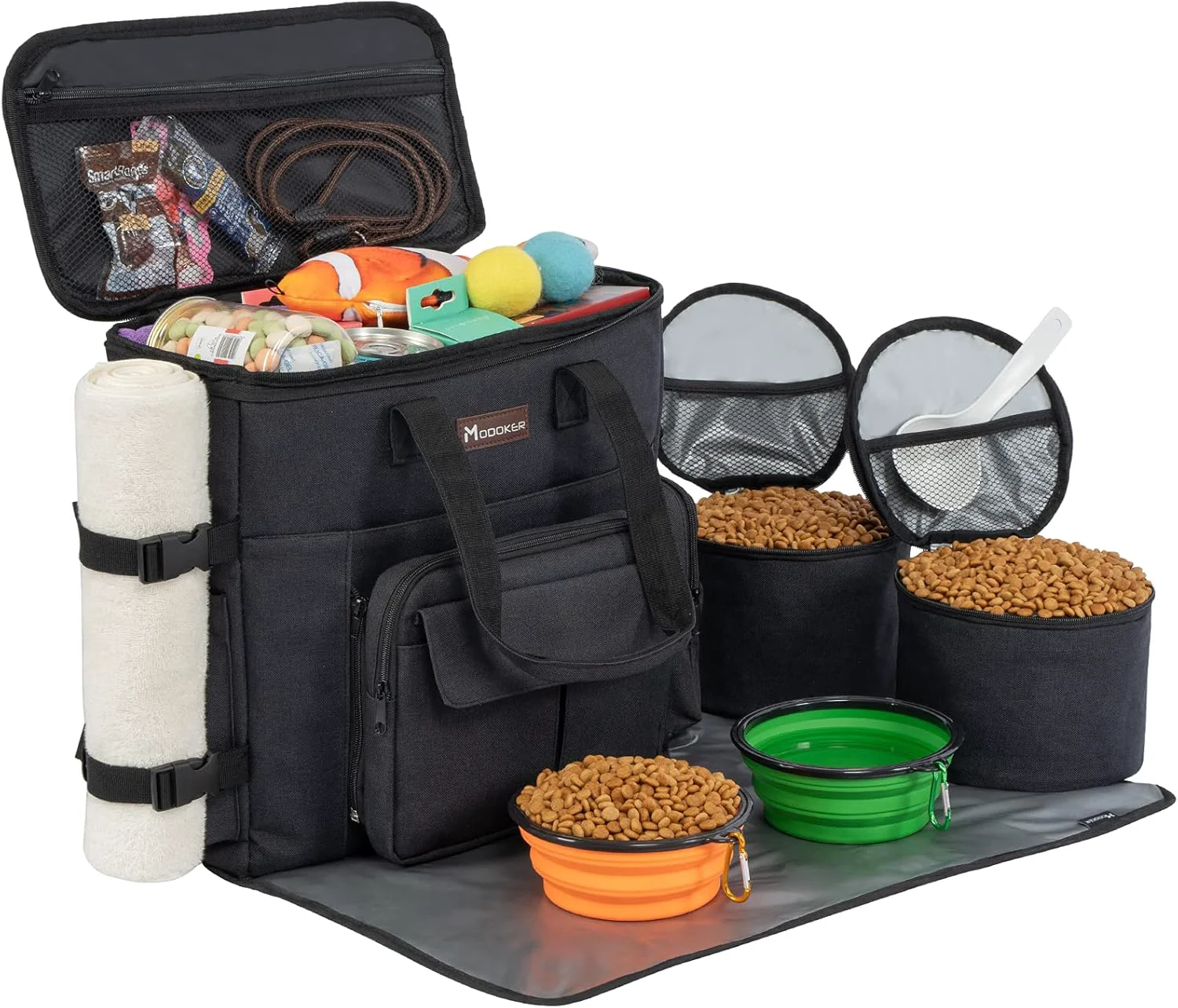 Stylish Modoker Dog Travel Bag with 2 Collapsible Dog Bowls 1 Dog Backpack Airline Pet Travel BagOrganizer for Supplies Accessories 2 Travel Dog Food Container Black Natural