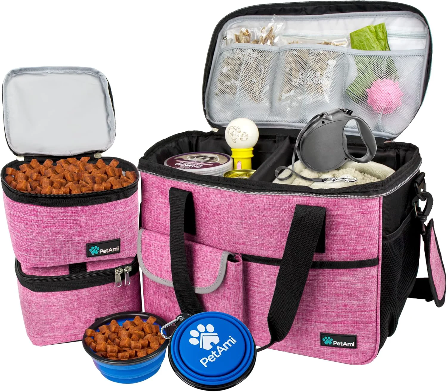 Clean PetAmi Dog Travel Bag Travel Pet Bag Organizer Dog Food Travel Bag with Food Container and Bowls Dog Travel Supplies Gift Accessories for Weekend Camping Dog Cat Diaper Bag Pink Medium World-Class