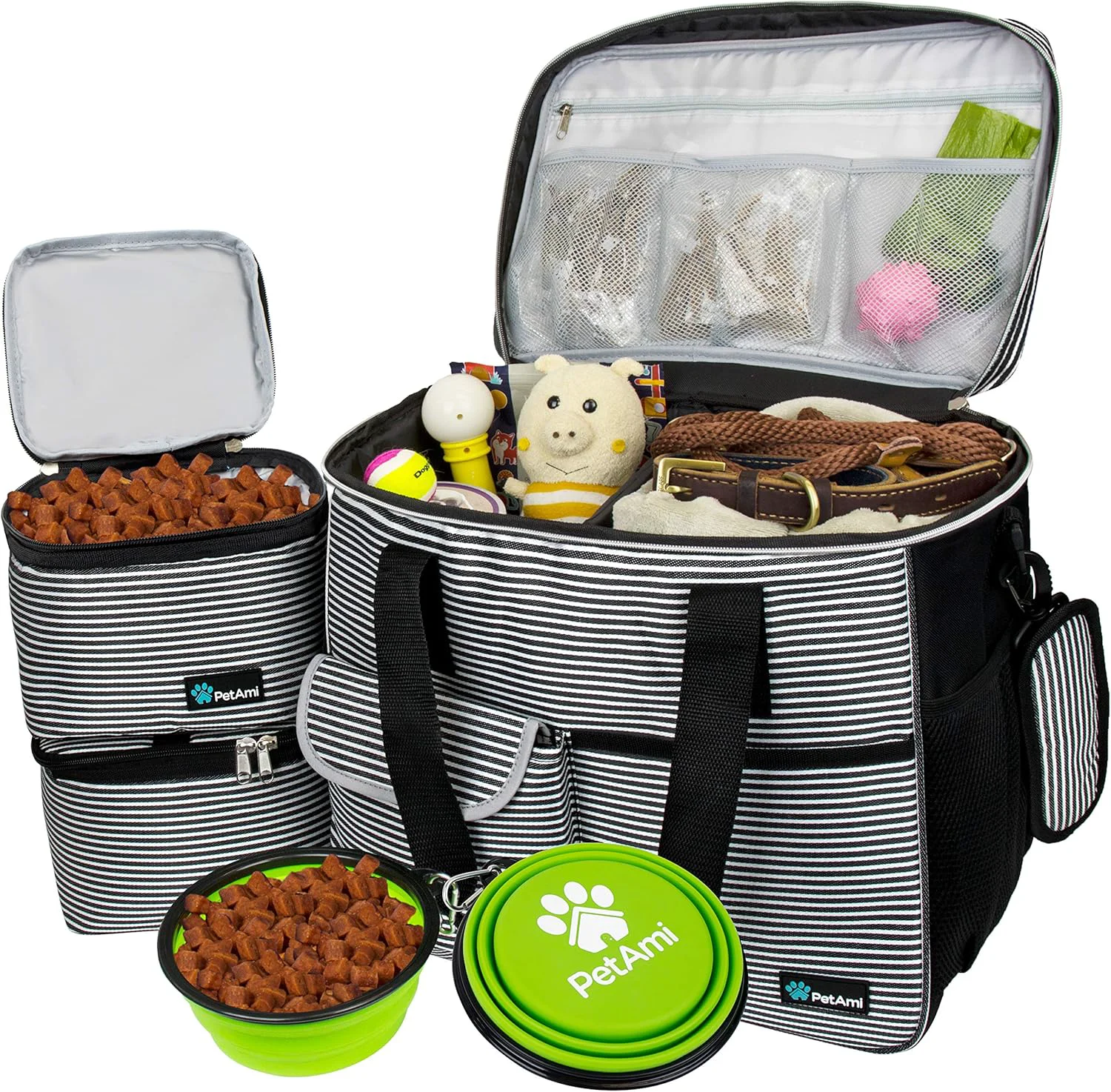 Prestigious PetAmi Dog Travel Bag - Organizer with Food Container Bowls Accessories for Weekend Camping Cat Diaper Bag Stripe Black Large Comfortable
